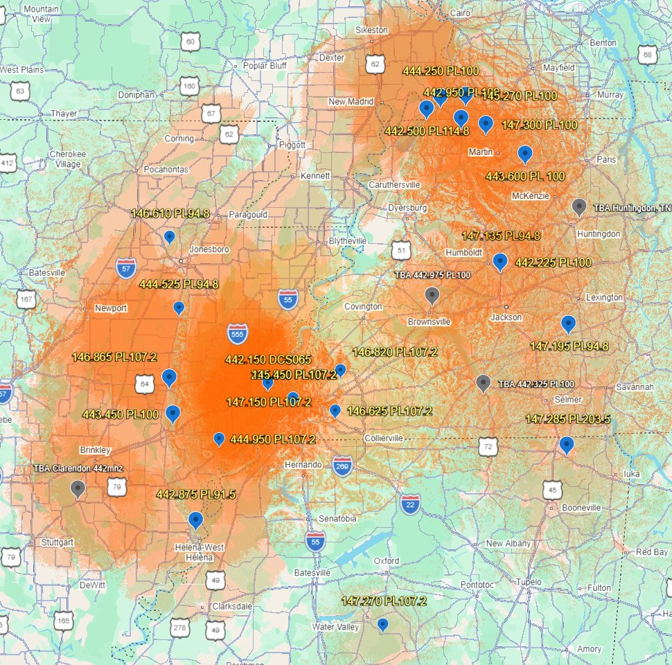 Coverage map of overlapping repeater footprints across the Mid-South